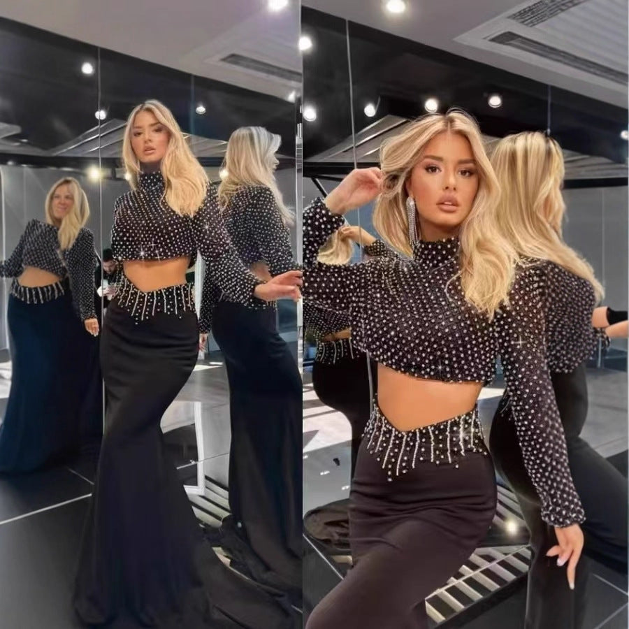 Women’s Beaded Two-Piece Skirt Set – Sexy Half-High Collar Long Sleeve Crop Top with Fitted Mini Skirt