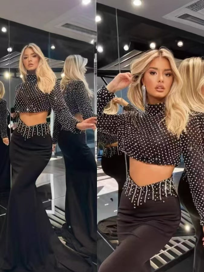 Women’s Beaded Two-Piece Skirt Set – Sexy Half-High Collar Long Sleeve Crop Top with Fitted Mini Skirt