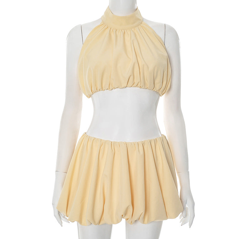Women’s Solid Color Two-Piece Set – Halter Backless Top with Sexy Short Skirt