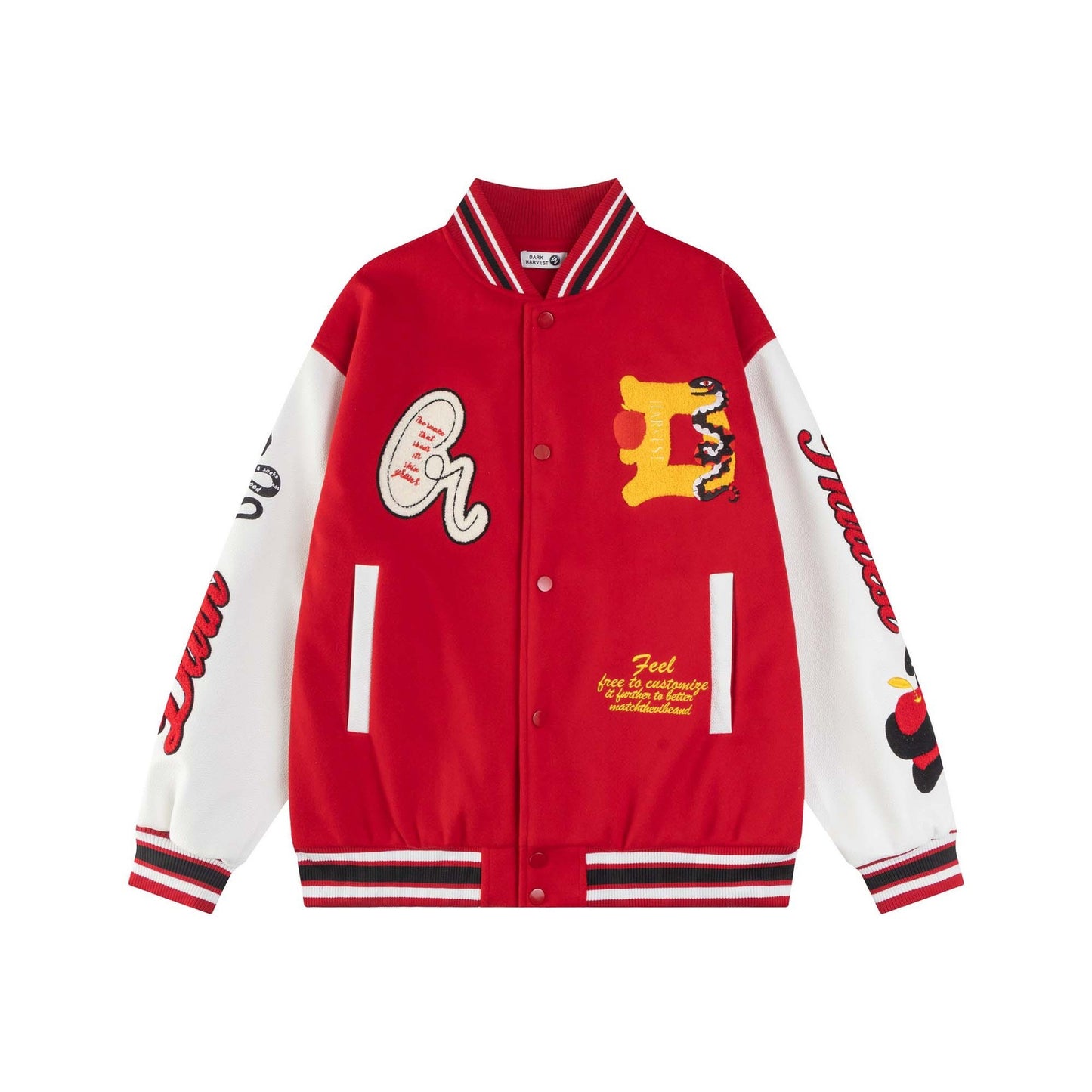 High Street Style Spliced PU Leather Small Snake Letter Embroidery Baseball Jacket Unisex Loose Casual Outerwear