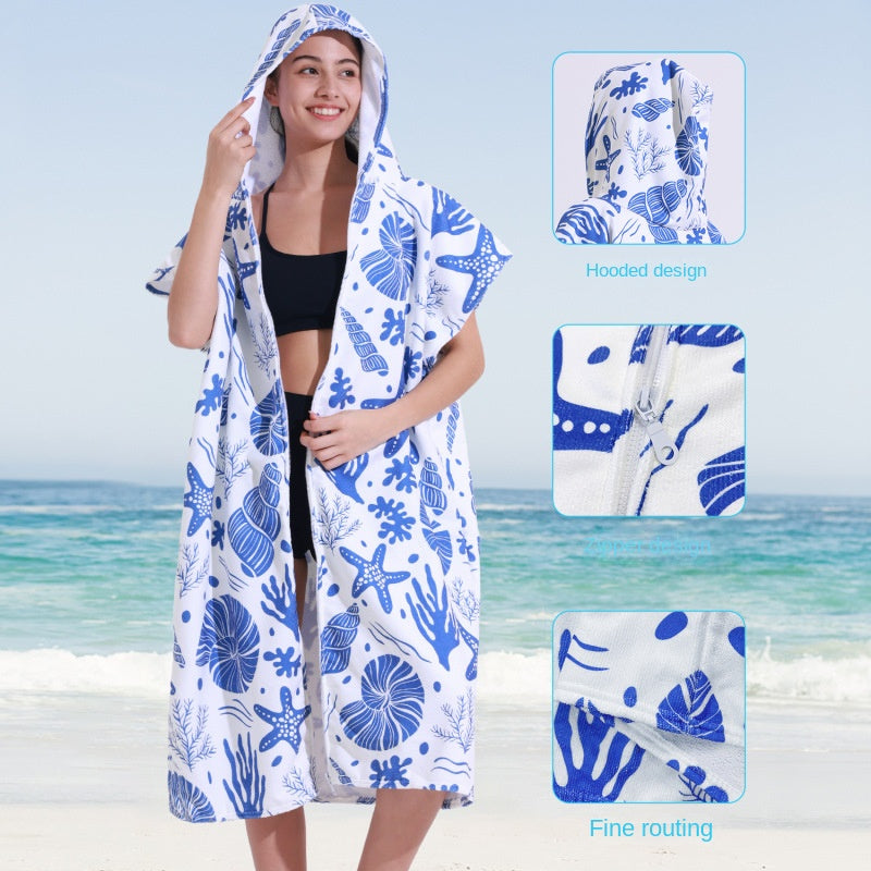 Wearable Hooded Towel Bathrobe – Ultra-Fine Microfiber Zip-Up Cape for Beach or Bath