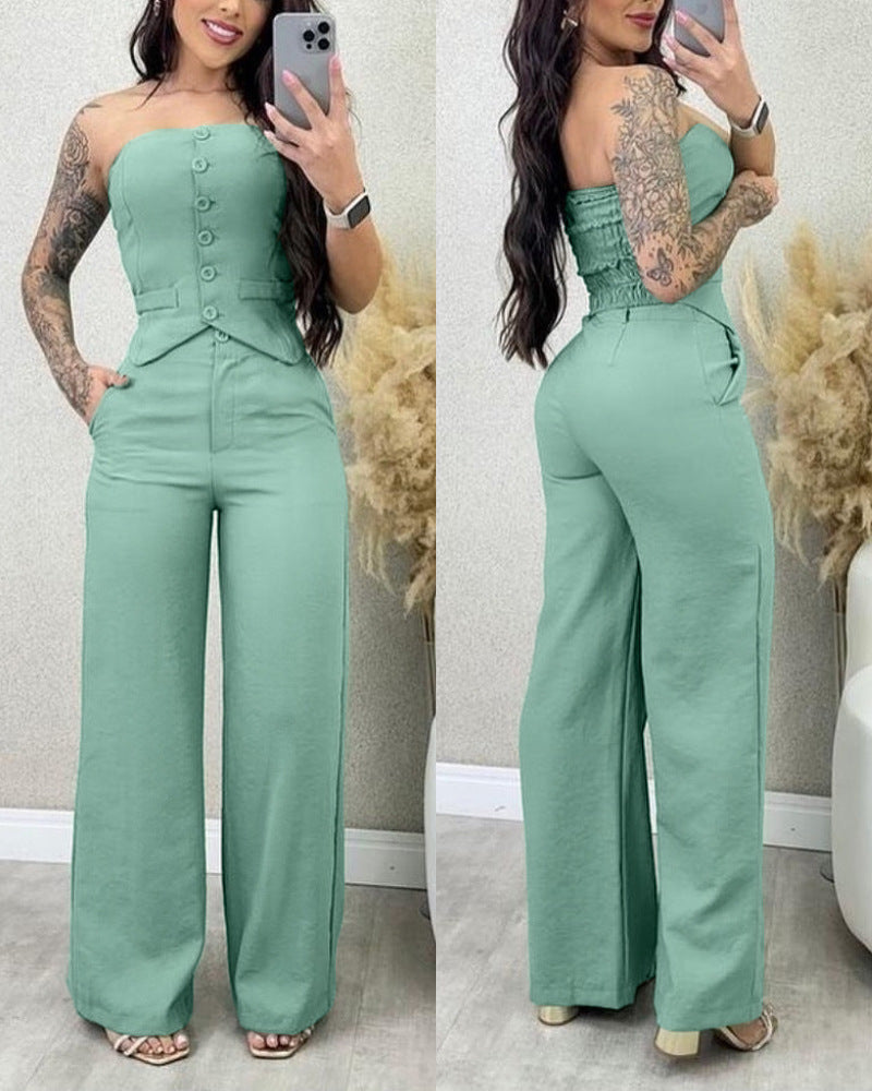 Cross-border Halter Button Vest + Wide Leg Long Pants Set