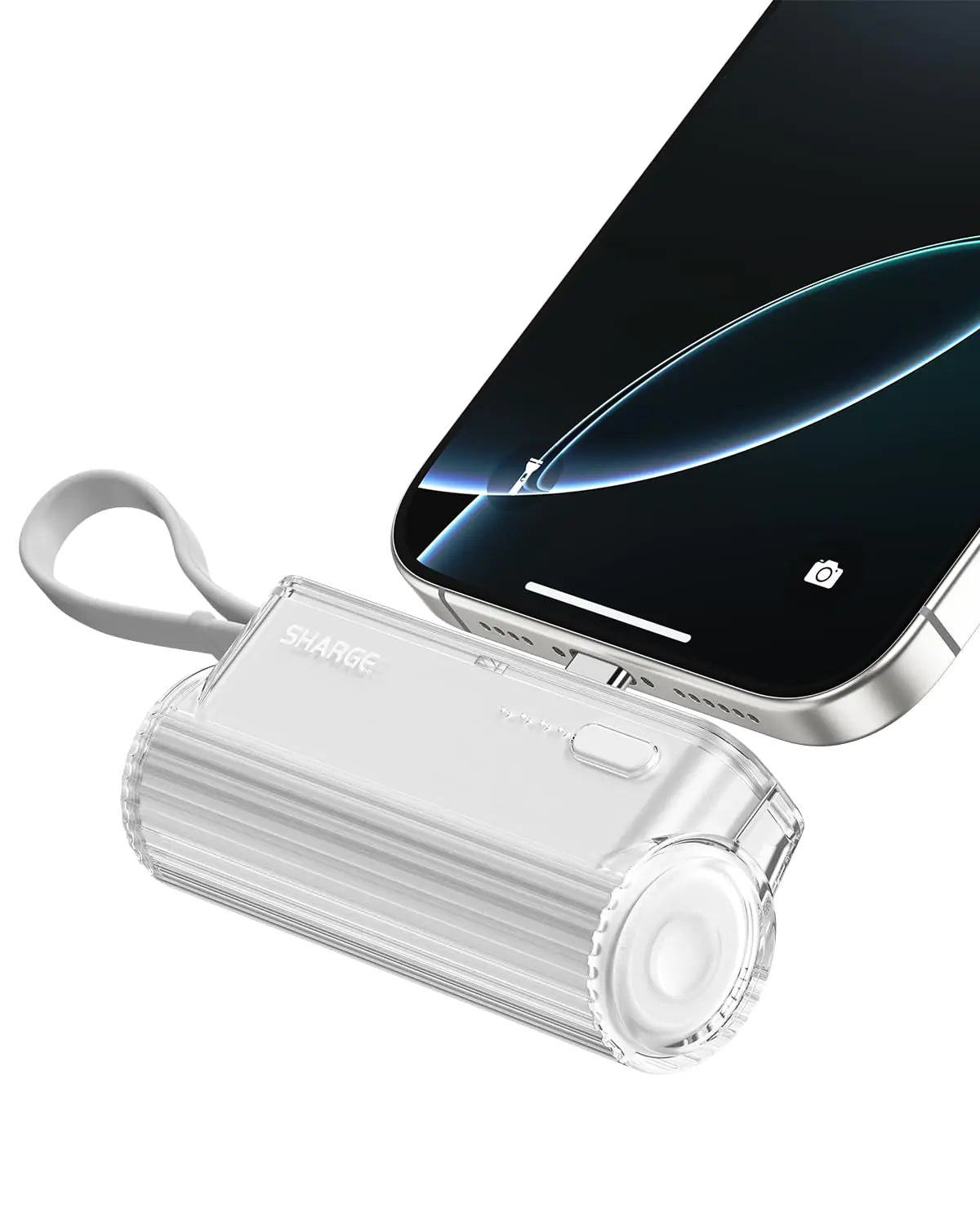 Sharge Flow Mini 5000mAh Power Bank – USB-C with Built-In Cable for iPhone 13–16, iPad, Galaxy S23 & S24 Ultra