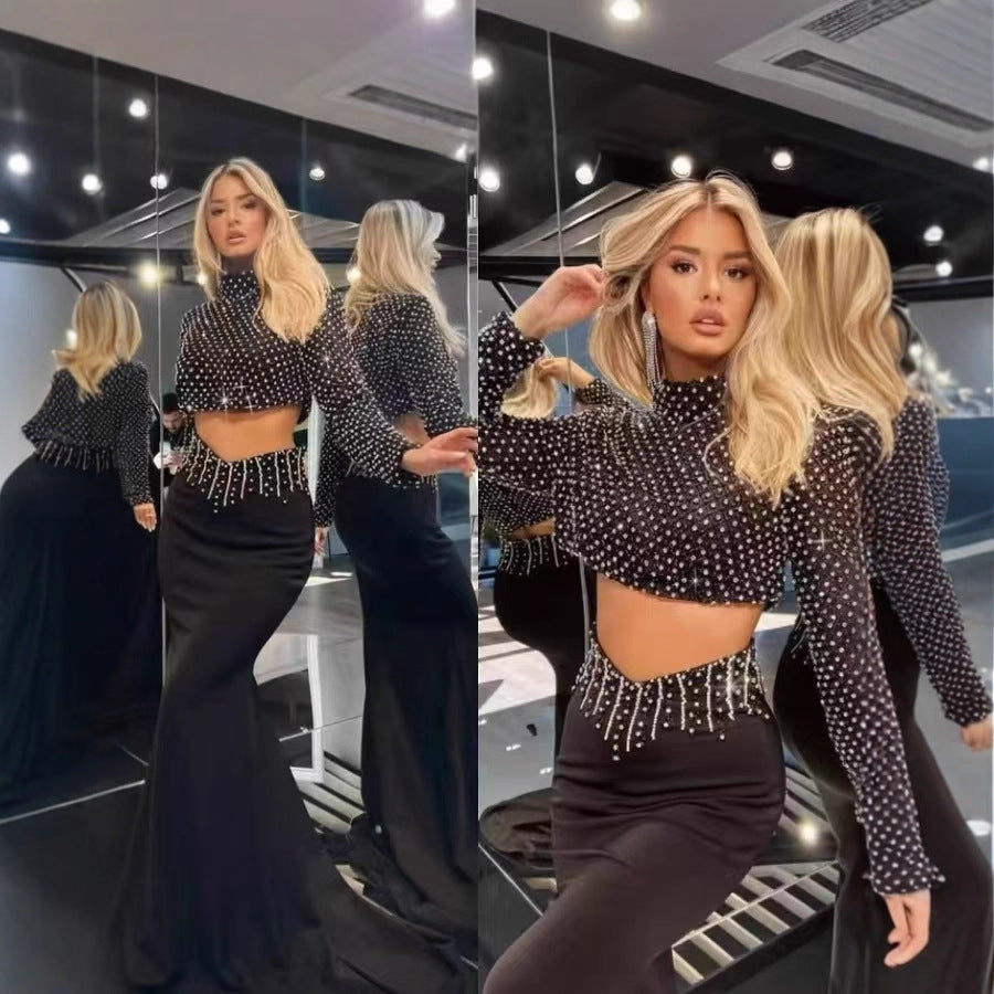 Women’s Beaded Two-Piece Skirt Set – Sexy Half-High Collar Long Sleeve Crop Top with Fitted Mini Skirt