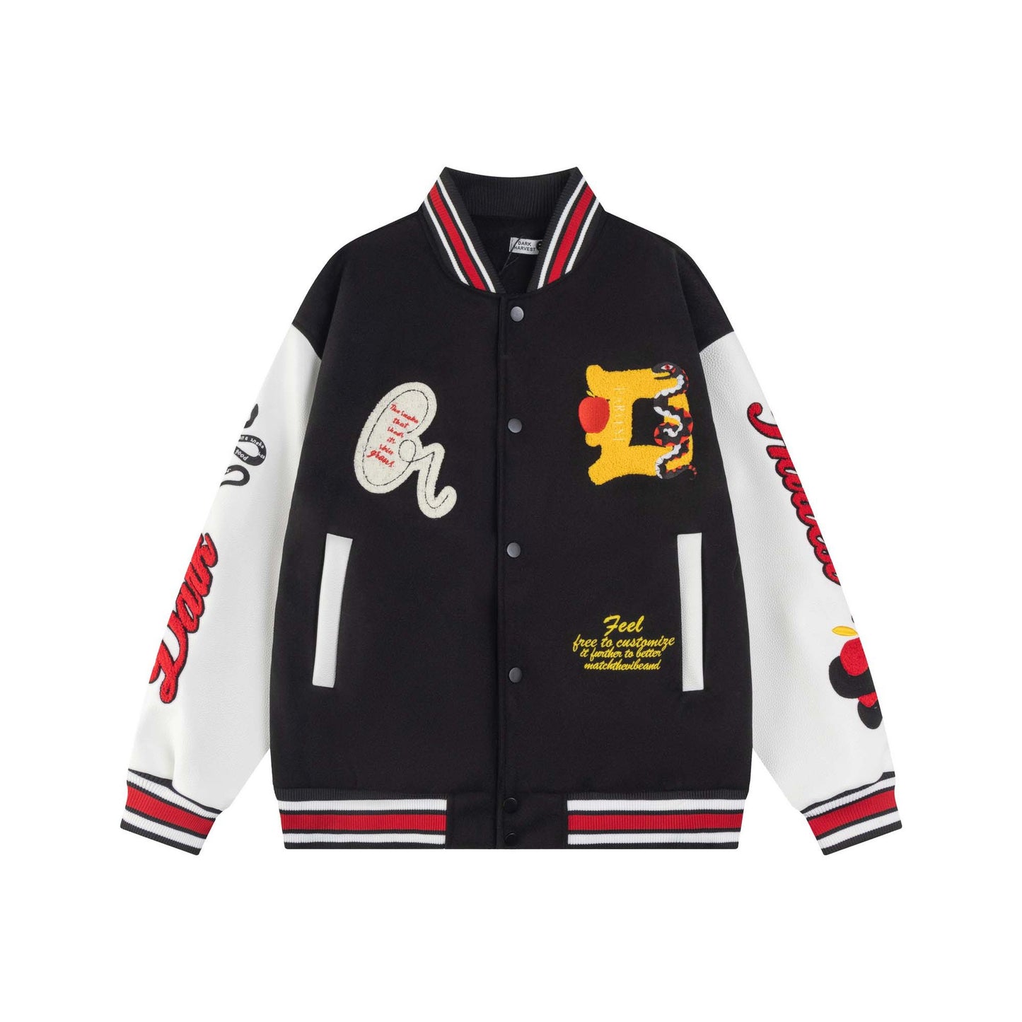 High Street Style Spliced PU Leather Small Snake Letter Embroidery Baseball Jacket Unisex Loose Casual Outerwear