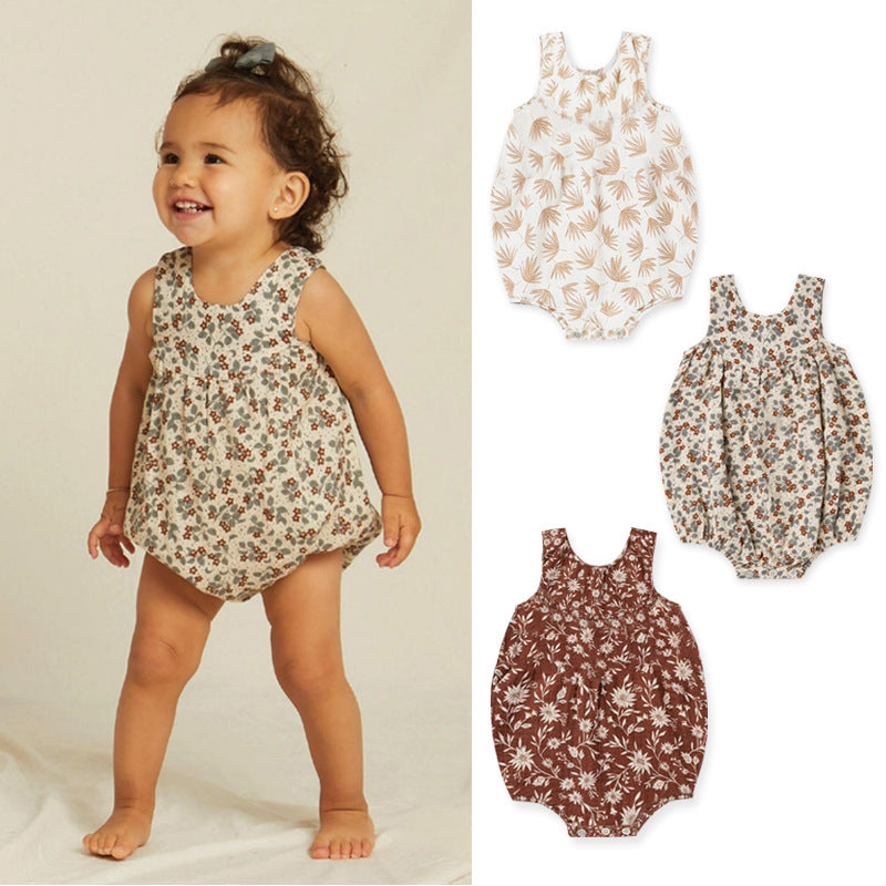 Summer Baby Cotton Diaper Cover Romper – Breathable Nordic Floral Sleeveless Onesie