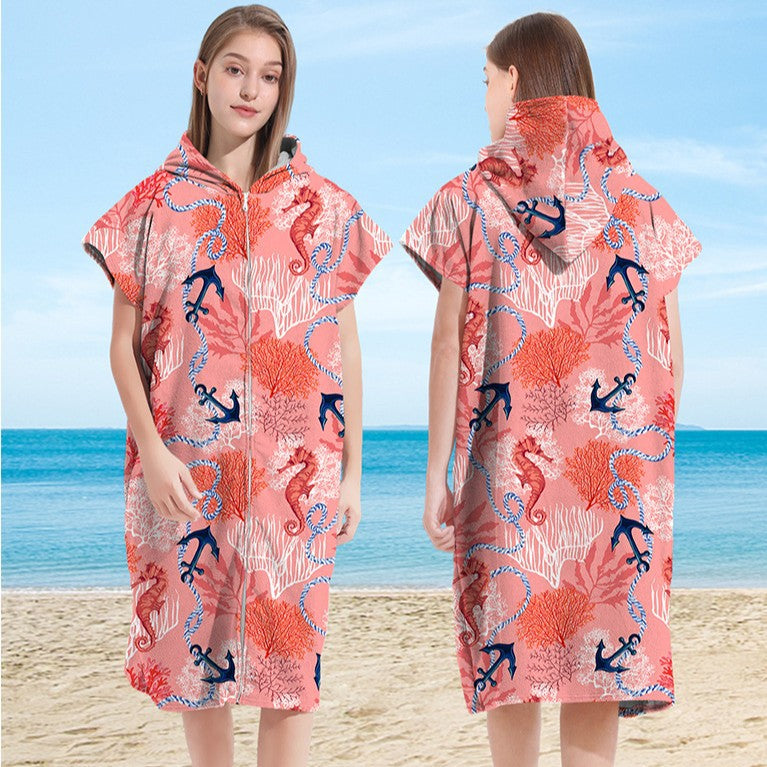Wearable Hooded Towel Bathrobe – Ultra-Fine Microfiber Zip-Up Cape for Beach or Bath