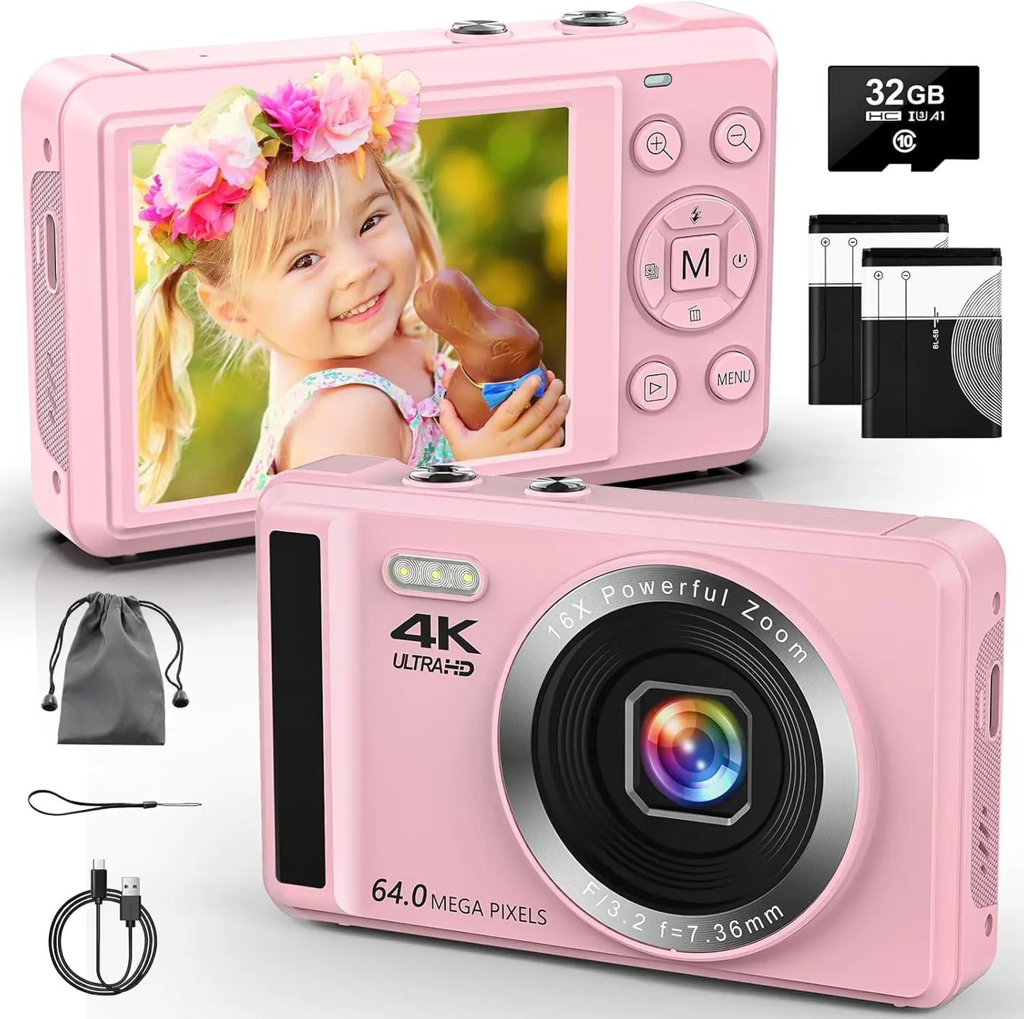Digital Camera - 4K 64MP Digital Cameras for Photography - UHD Autofocus Point and Shoot Small Camera for Kids - Portable Compact Vlogging Camera with 16X Zoom 32GB Card.