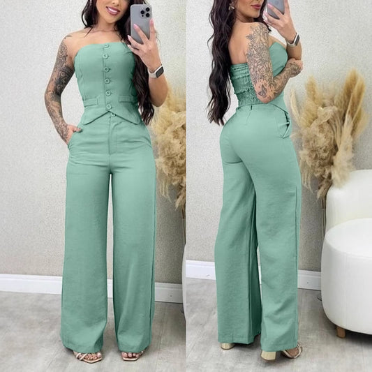 Cross-border Halter Button Vest + Wide Leg Long Pants Set
