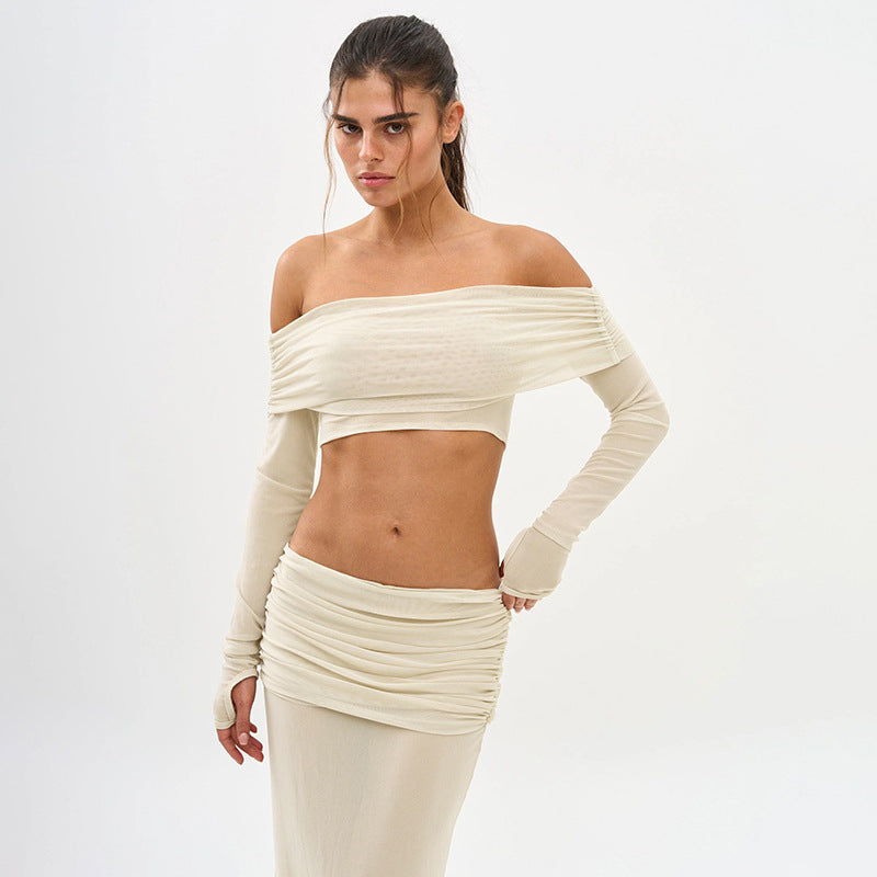 Women’s One-Shoulder Two-Piece Set – Long Sleeve Crop Top with High Waist Skirt