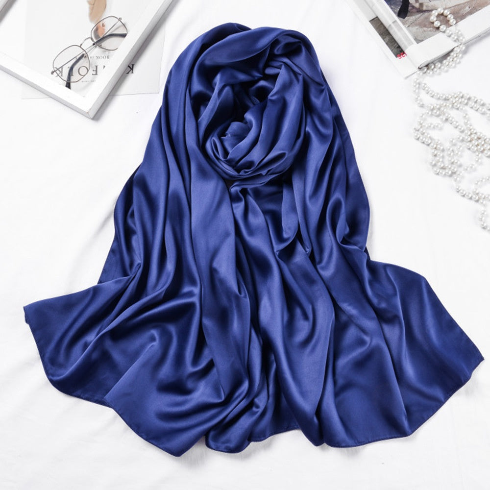 Women’s Large Satin Silk Scarf – 110x110cm Square Bawal Shawl, Solid Color Matte Headscarf