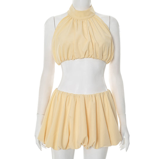 Women’s Solid Color Two-Piece Set – Halter Backless Top with Sexy Short Skirt