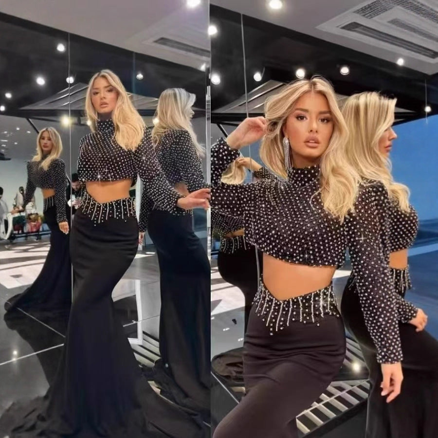 Women’s Beaded Two-Piece Skirt Set – Sexy Half-High Collar Long Sleeve Crop Top with Fitted Mini Skirt