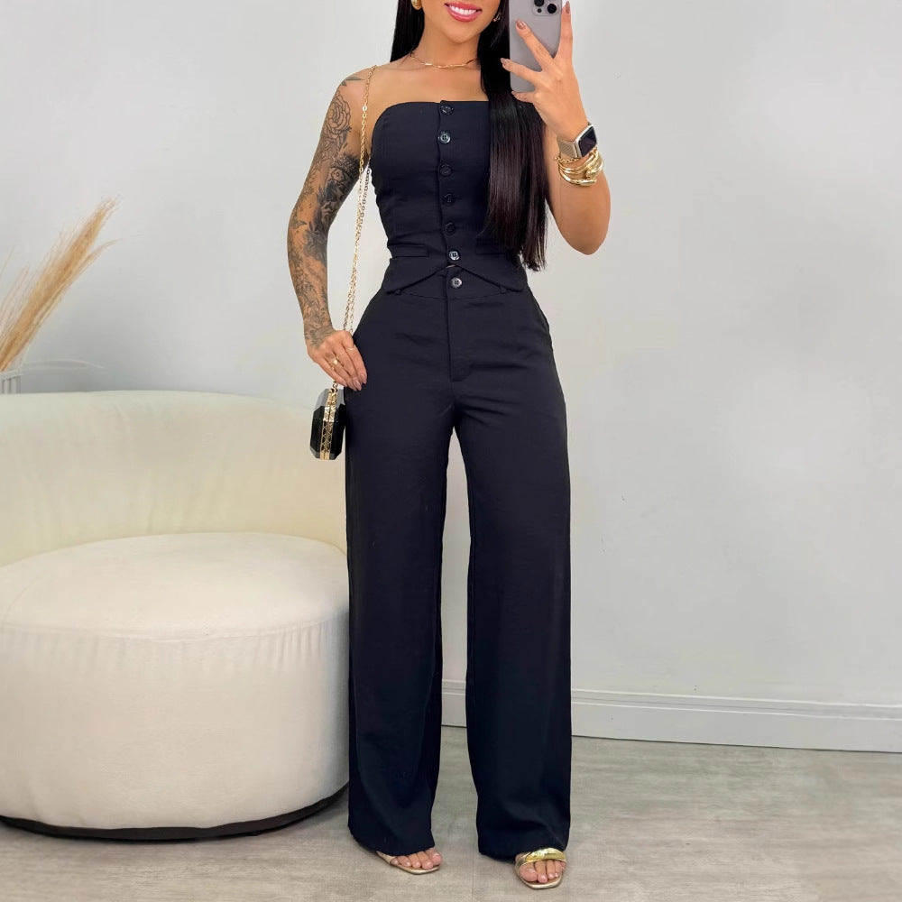 Cross-border Halter Button Vest + Wide Leg Long Pants Set