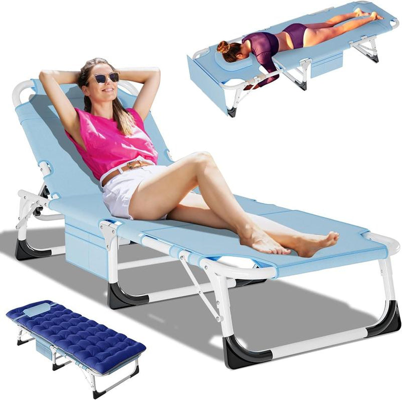 Docred Heavy Duty Tanning Chair with Face Hole, Adjustable 5-Position Recliner Detachable Pillow for Outside, Portable Lay Flat Beach Lounge Chair for Outdoor Sunbathing Beach Pool Lawn Camping