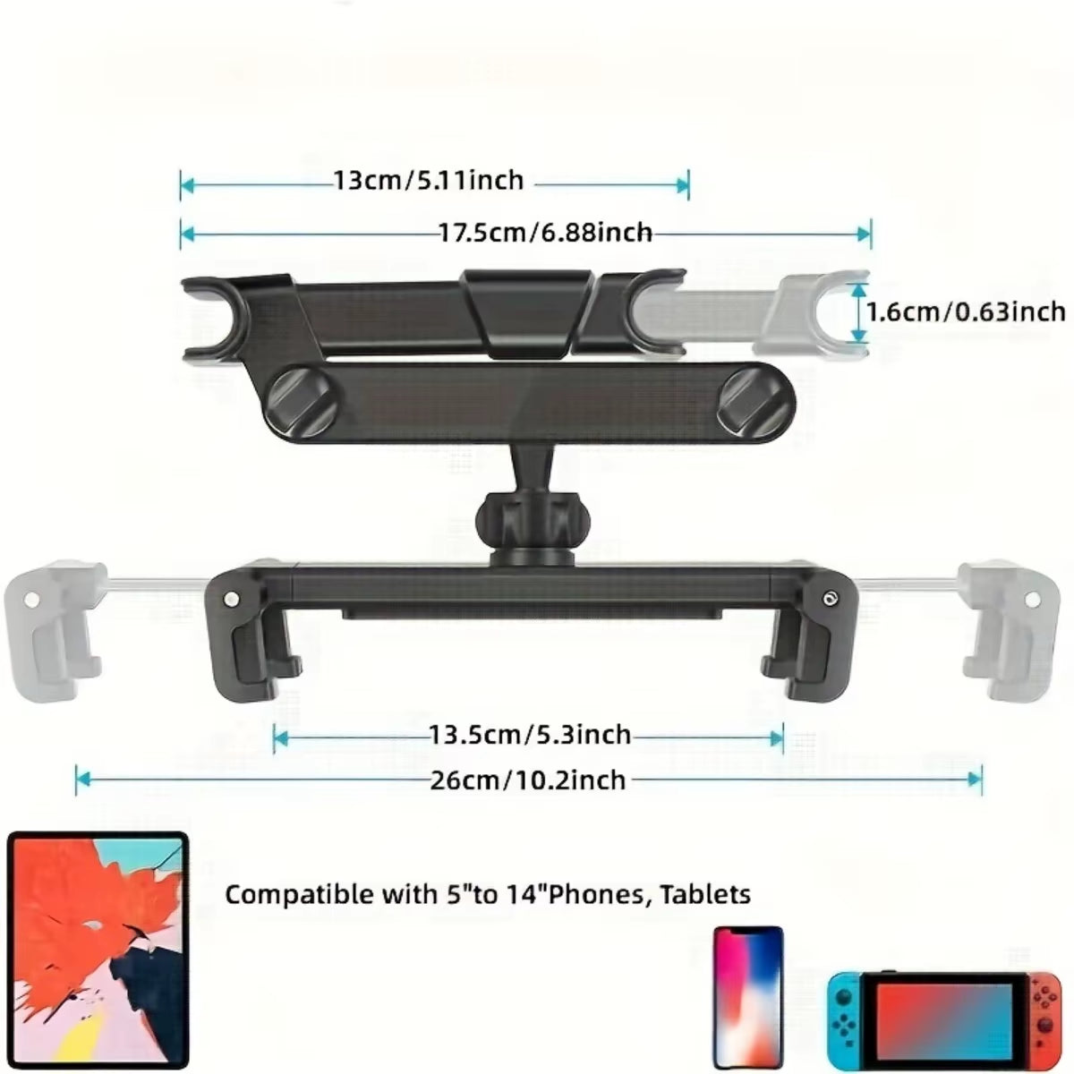 Car Headrest Tablet Holder – Adjustable Mount & Stand for iPad, Mini, Air, and 4.7–12.9” Devices