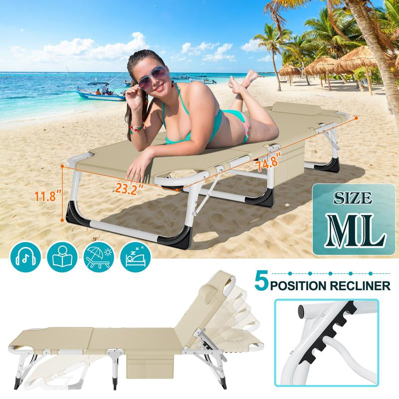 Docred Heavy Duty Tanning Chair with Face Hole, Adjustable 5-Position Recliner Detachable Pillow for Outside, Portable Lay Flat Beach Lounge Chair for Outdoor Sunbathing Beach Pool Lawn Camping
