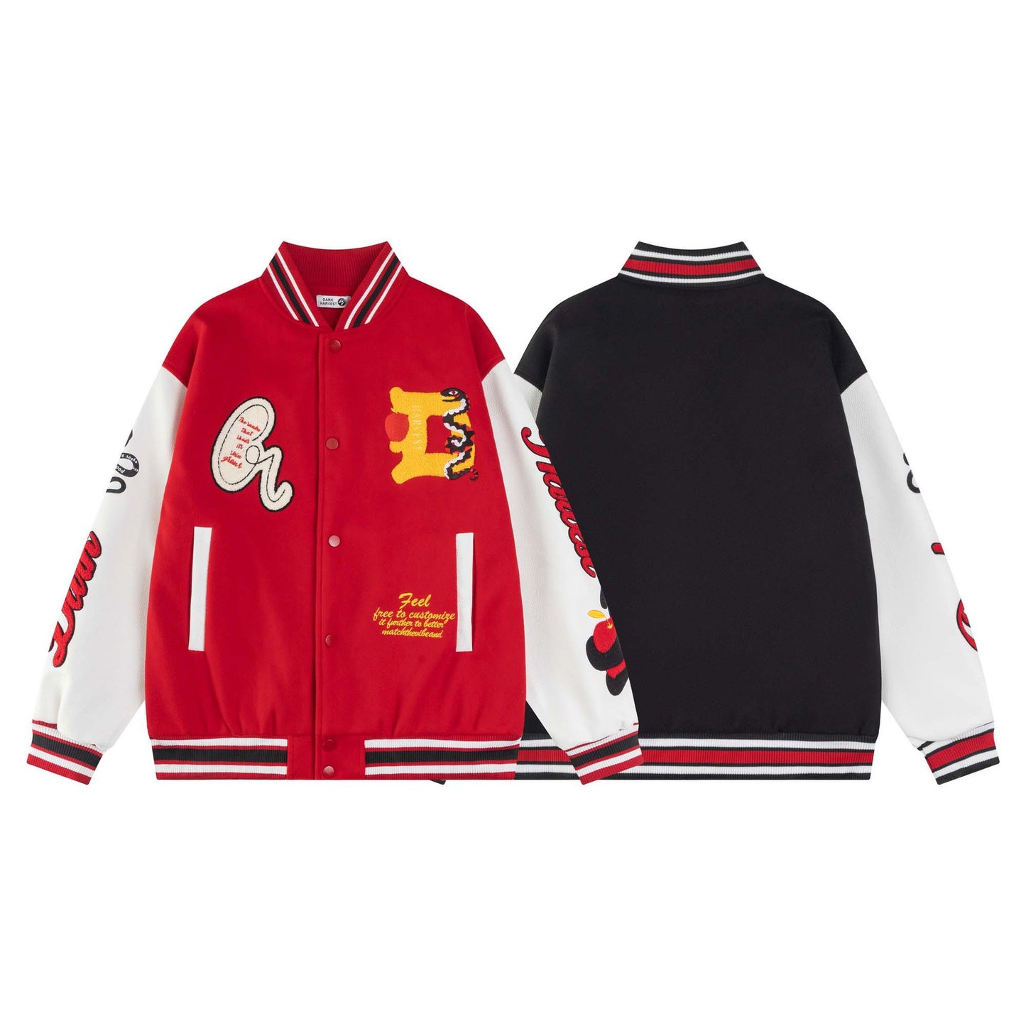 High Street  Style Spliced PU Leather Small Snake Letter Embroidery Baseball Jacket Unisex Loose Casual Outerwear