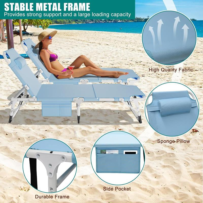 Docred Heavy Duty Tanning Chair with Face Hole, Adjustable 5-Position Recliner Detachable Pillow for Outside, Portable Lay Flat Beach Lounge Chair for Outdoor Sunbathing Beach Pool Lawn Camping