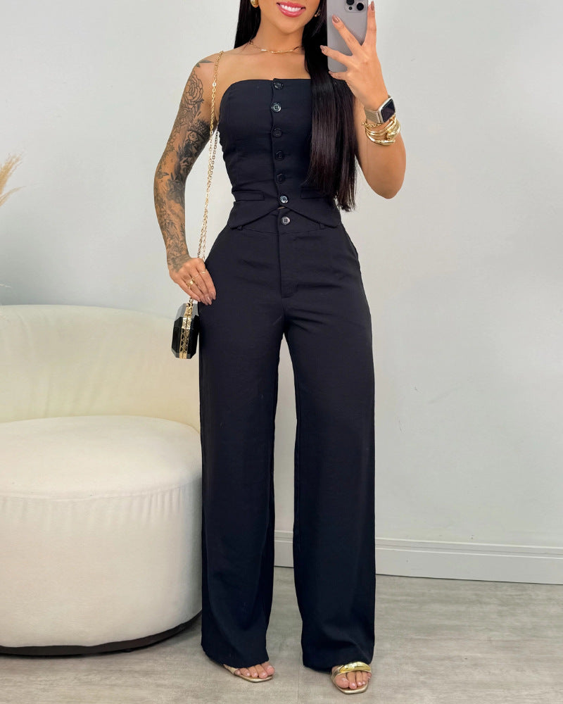 Cross-border Halter Button Vest + Wide Leg Long Pants Set