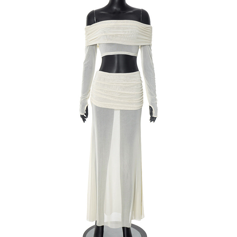 Women’s One-Shoulder Two-Piece Set – Long Sleeve Crop Top with High Waist Skirt