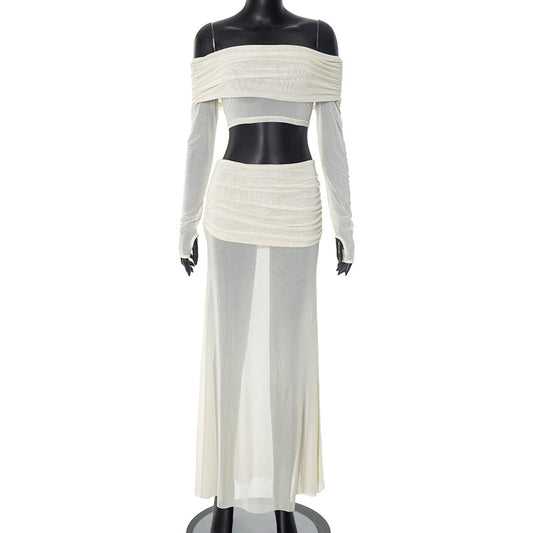 Women’s One-Shoulder Two-Piece Set – Long Sleeve Crop Top with High Waist Skirt