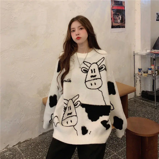 Casual Korean Cow Print Over Size Pullover