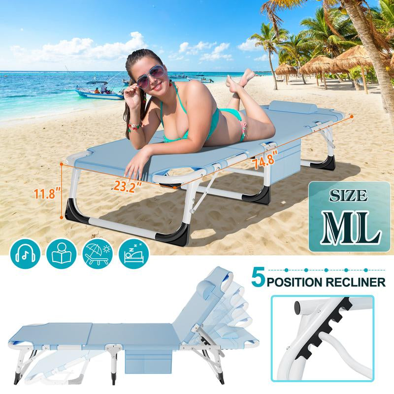 Docred Heavy Duty Tanning Chair with Face Hole, Adjustable 5-Position Recliner Detachable Pillow for Outside, Portable Lay Flat Beach Lounge Chair for Outdoor Sunbathing Beach Pool Lawn Camping