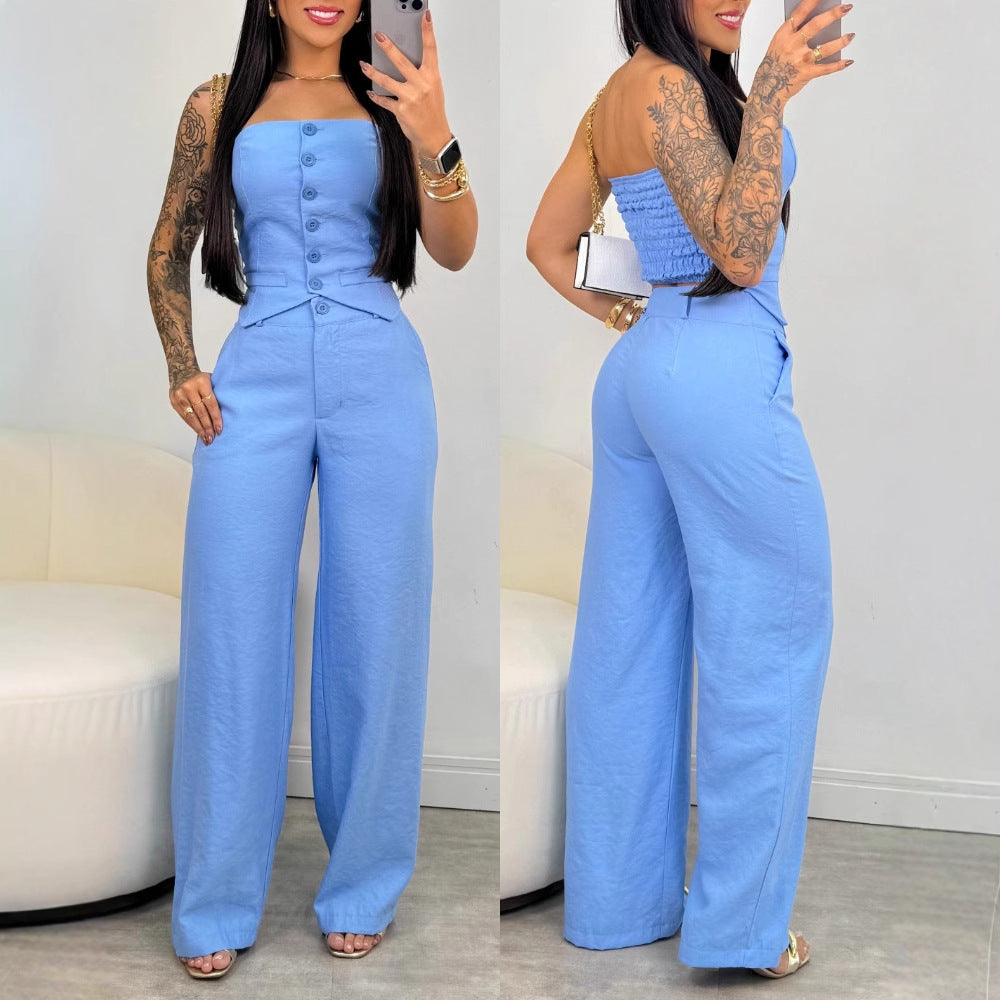Cross-border Halter Button Vest + Wide Leg Long Pants Set