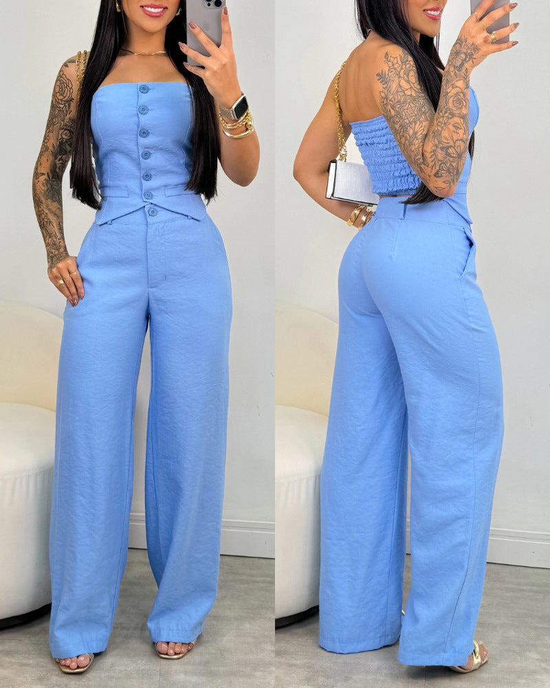 Cross-border Halter Button Vest + Wide Leg Long Pants Set