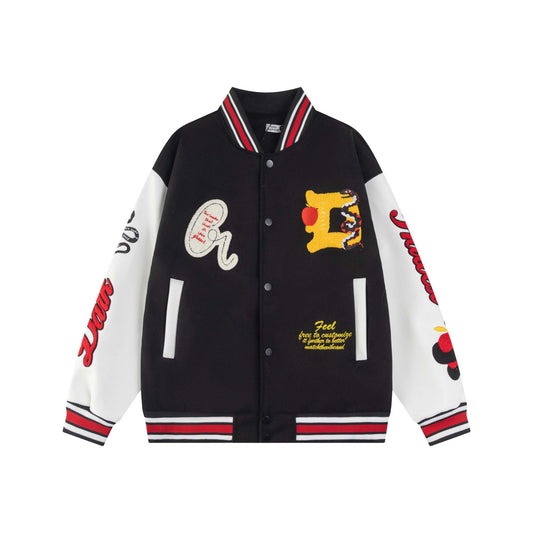 High Street  Style Spliced PU Leather Small Snake Letter Embroidery Baseball Jacket Unisex Loose Casual Outerwear