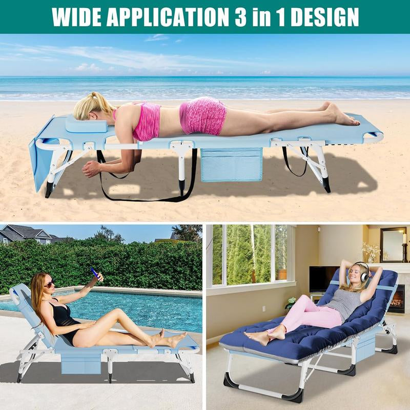 Docred Heavy Duty Tanning Chair with Face Hole, Adjustable 5-Position Recliner Detachable Pillow for Outside, Portable Lay Flat Beach Lounge Chair for Outdoor Sunbathing Beach Pool Lawn Camping