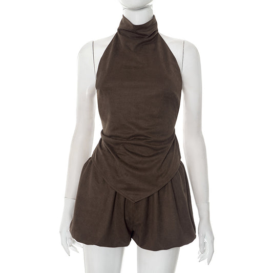 Women’s 2-Piece Set – Suede Halter Neck Top with Backless Design & Bubble Short