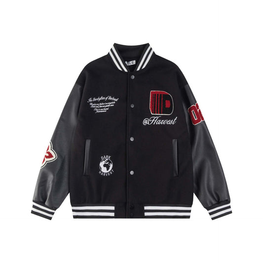 Style Patchwork Color Block PU Leather Letter Embroidery Baseball Jacket Unisex Loose Casual Outerwear