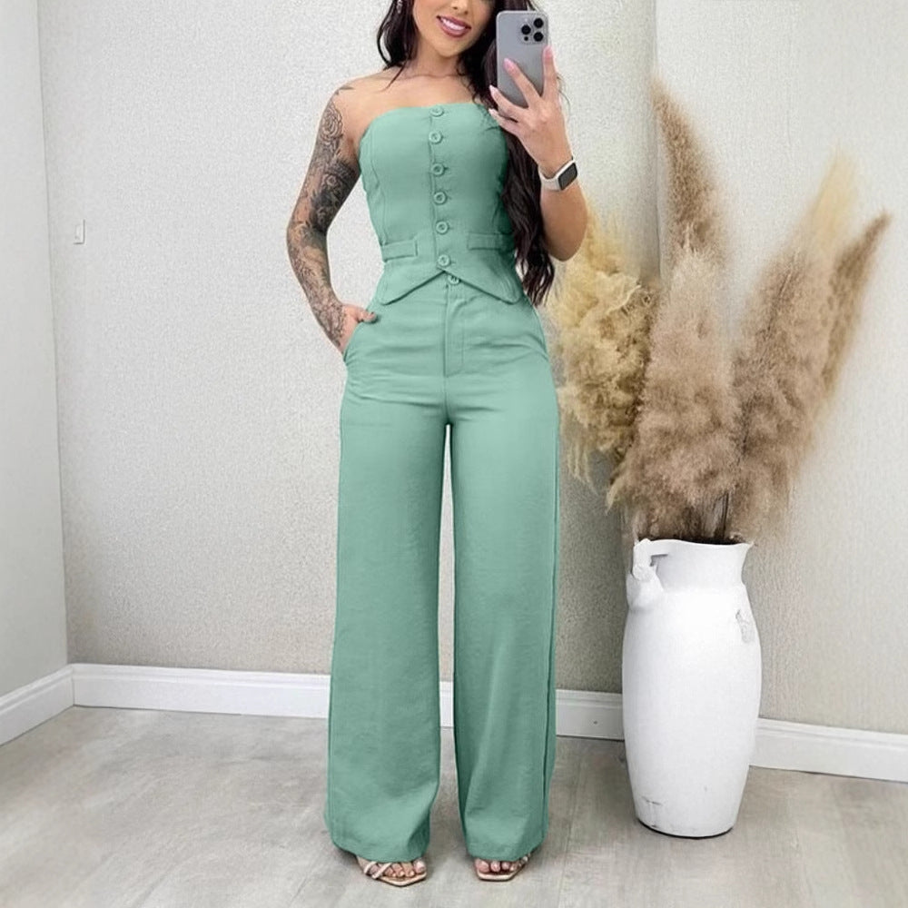 Cross-border Halter Button Vest + Wide Leg Long Pants Set