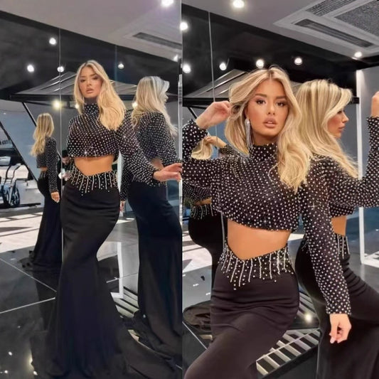 Women’s Beaded Two-Piece Skirt Set – Sexy Half-High Collar Long Sleeve Crop Top with Fitted Mini Skirt