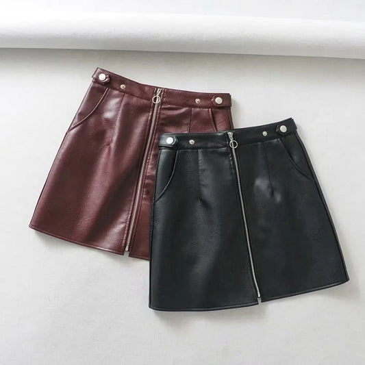 High Waist Slim Zipper Leather Mini Skirt
