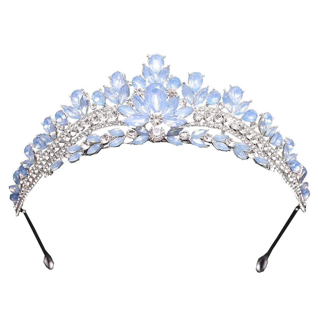 A light blue and silver-colored crystal princess crown with rhinestones, designed for special occasions.