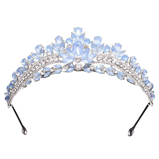 A light blue and silver-colored crystal princess crown with rhinestones, designed for special occasions.