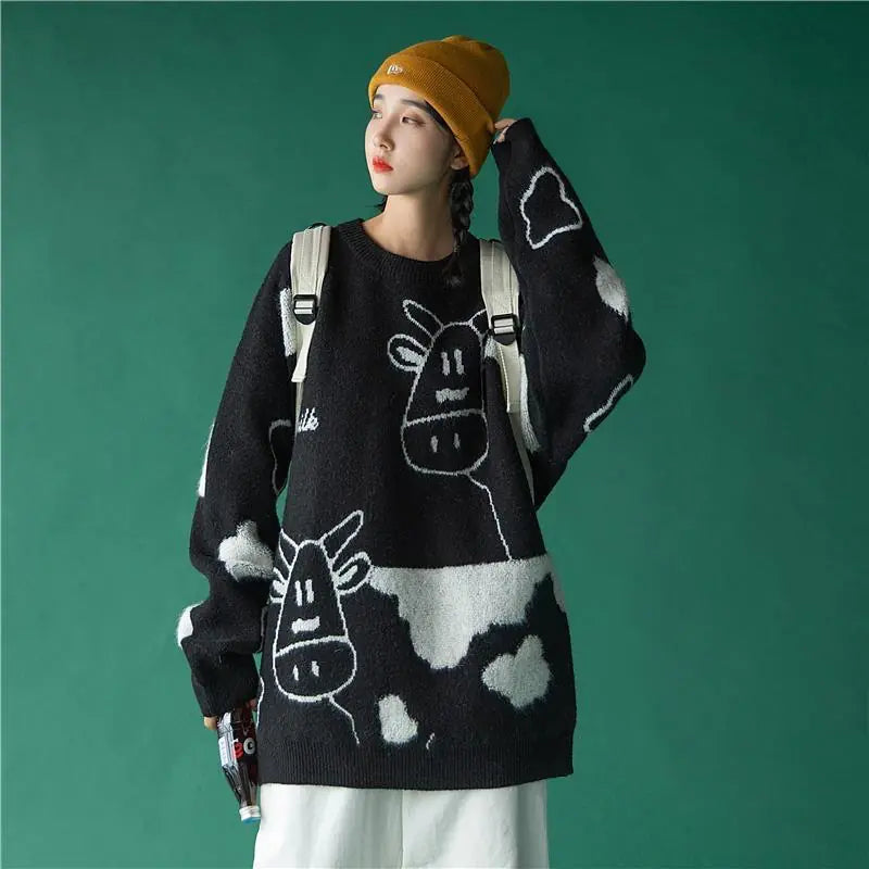 Casual Korean Cow Print Over Size Pullover