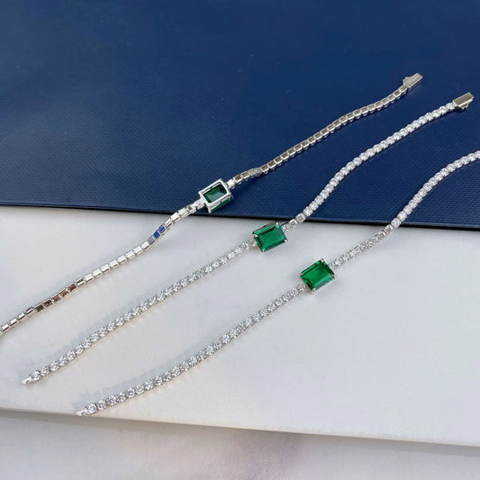 S925 Silver Square Synthetic Emerald Starry Sky Bracelet