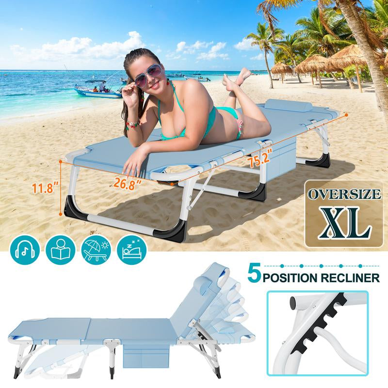 Docred Heavy Duty Tanning Chair with Face Hole, Adjustable 5-Position Recliner Detachable Pillow for Outside, Portable Lay Flat Beach Lounge Chair for Outdoor Sunbathing Beach Pool Lawn Camping