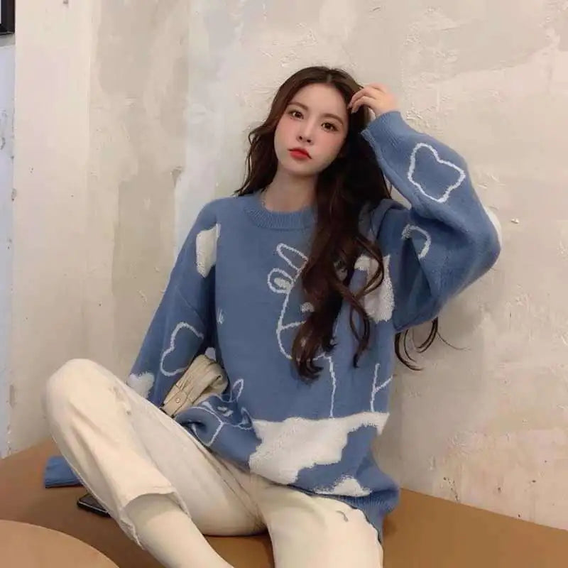 Casual Korean Cow Print Over Size Pullover