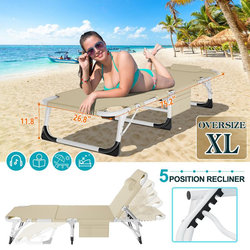 Docred Heavy Duty Tanning Chair with Face Hole, Adjustable 5-Position Recliner Detachable Pillow for Outside, Portable Lay Flat Beach Lounge Chair for Outdoor Sunbathing Beach Pool Lawn Camping
