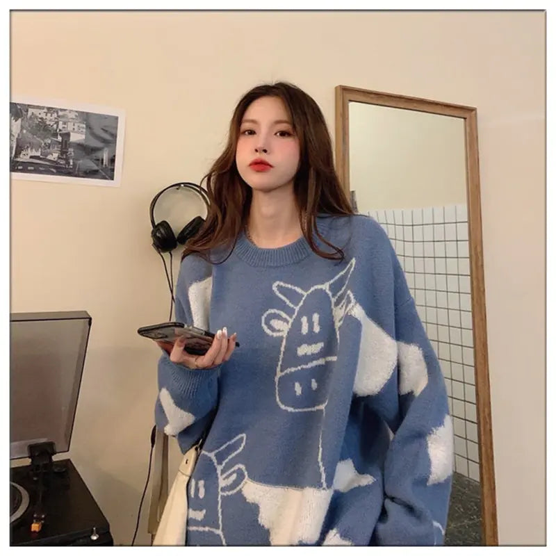 Casual Korean Cow Print Over Size Pullover