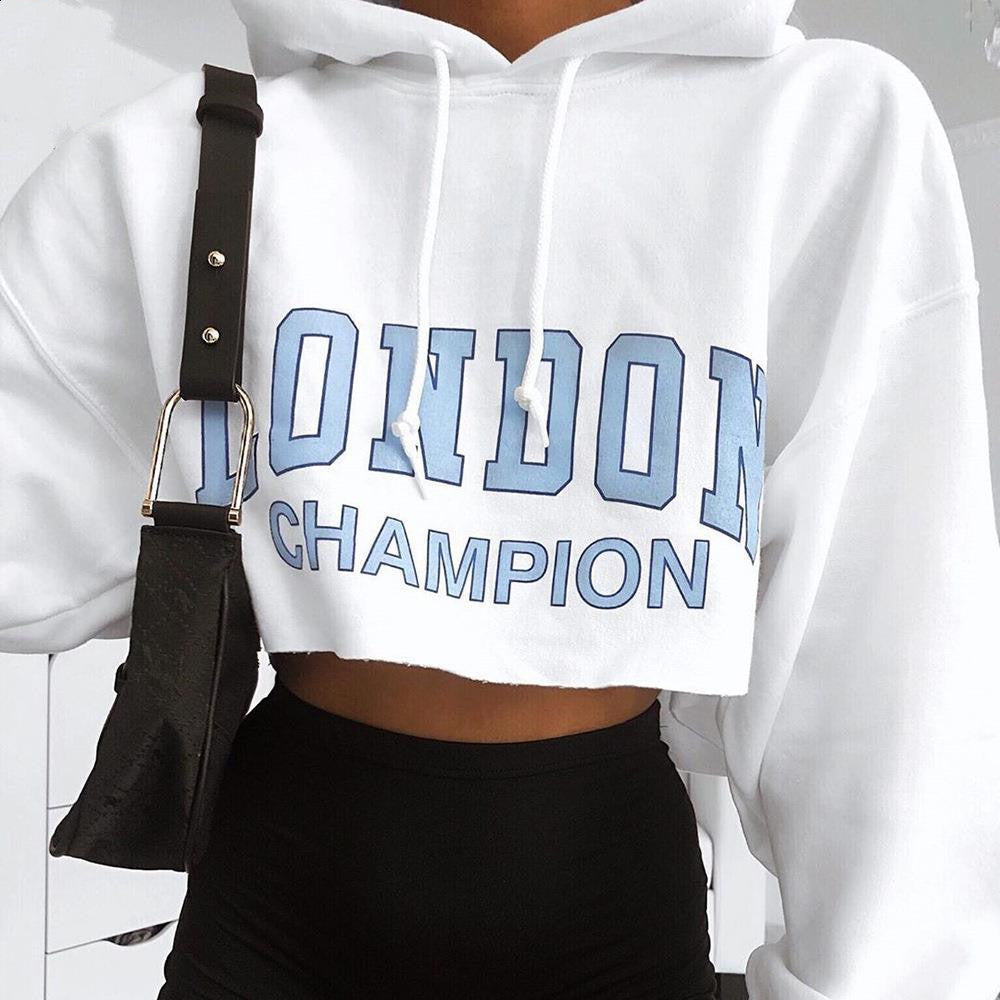 Blue Letter Hooded Cropped Sweatshirt with Long Sleeves