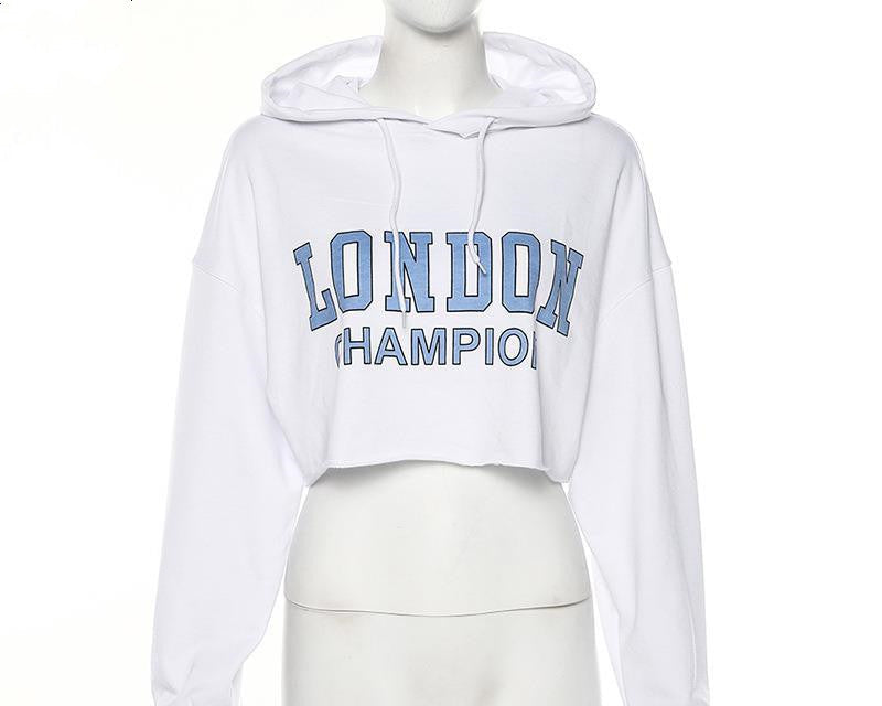 Blue Letter Hooded Cropped Sweatshirt with Long Sleeves